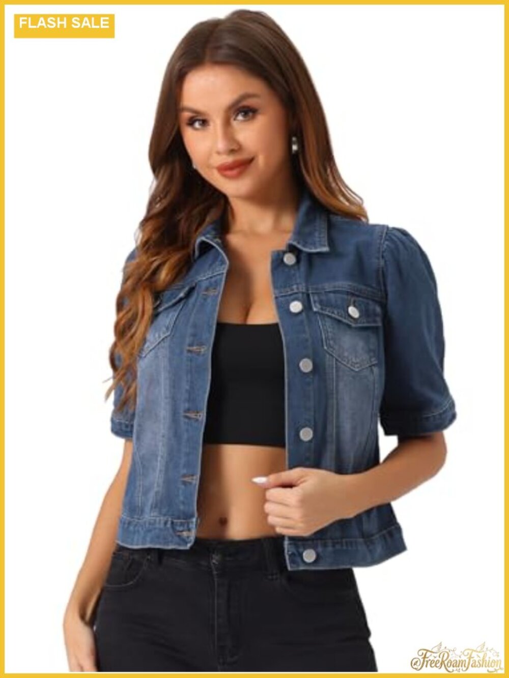 Women's Denim Jacket Casual Short Puff Sleeve Button Down Jean Jacket